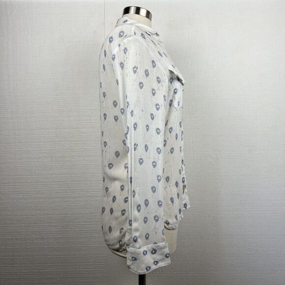 Jen's Pirate Booty Shirt S Women White Blue Print Long Sleeve Button Front Rayon - Picture 2 of 8